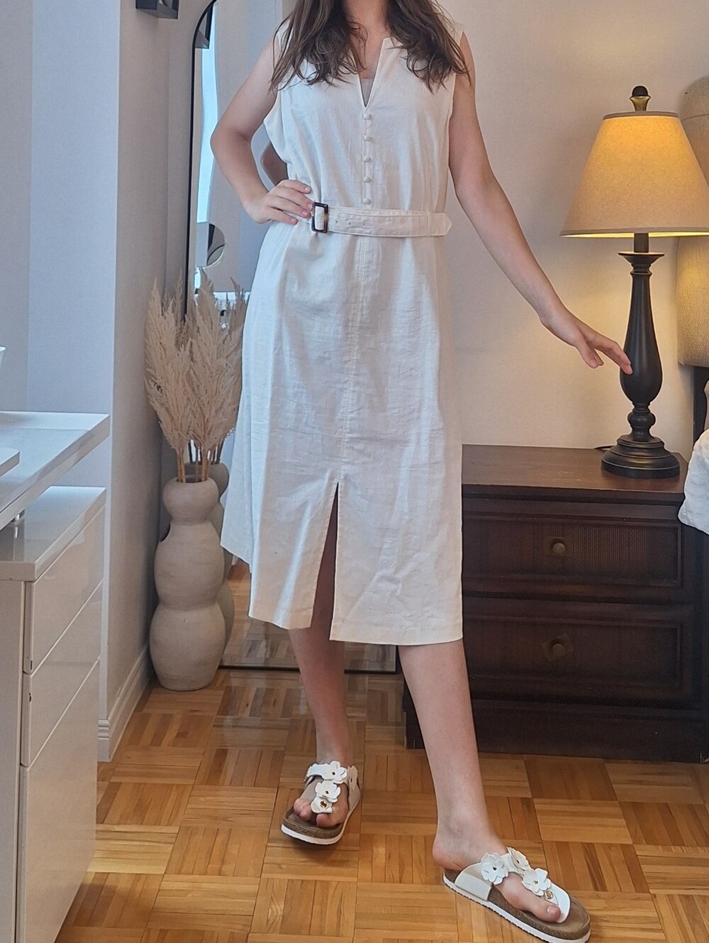 Banana Republic Linen Cream Sleeveless Belted Midi Dress